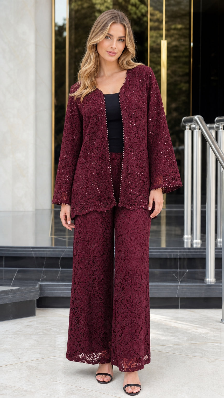 Burgundy wine red floral lace pant suit with beaded embellishment