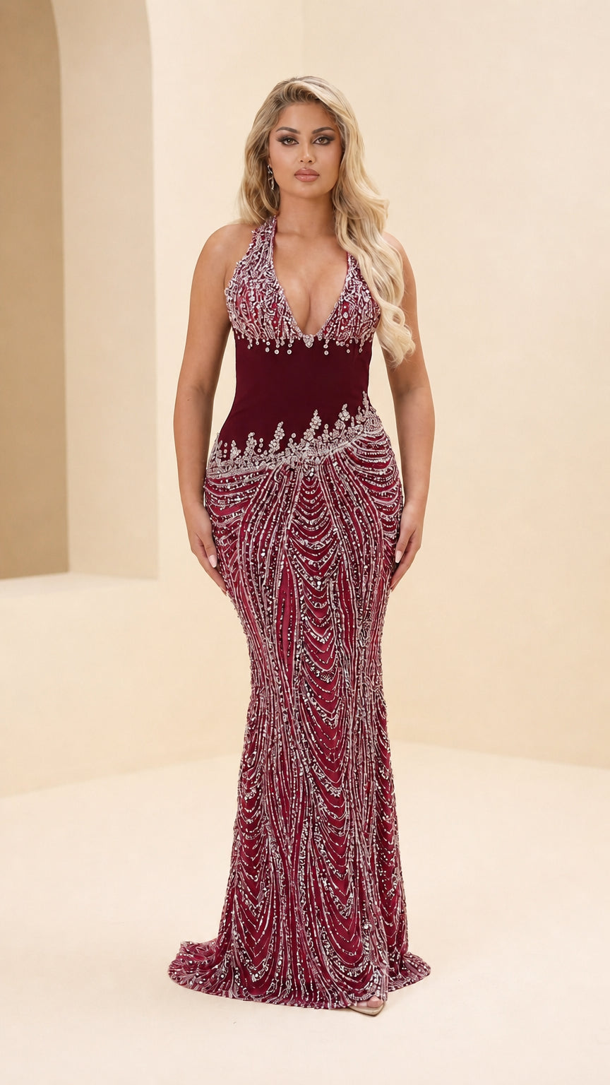 Burgundy wine red beaded halter mermaid maxi dress