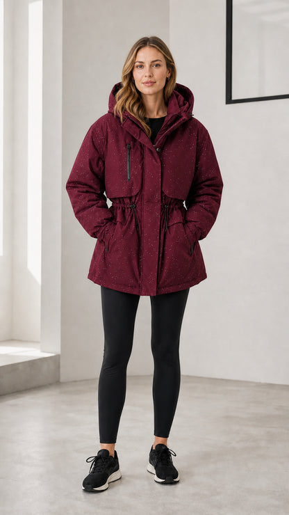 Model wearing burgundy red hooded drawstring waist winter parka