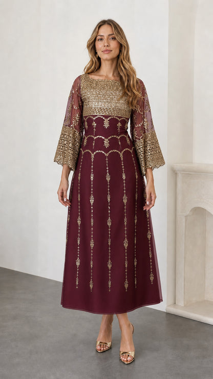 Front view of burgundy wine formal maxi dress with sequin details