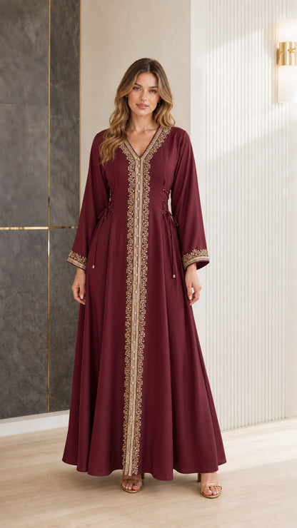 Burgundy wine gold embroidered evening kaftan maxi dress