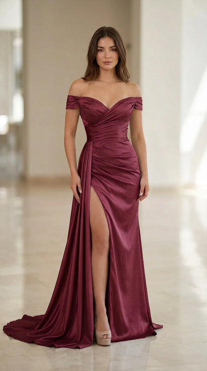 Front view of burgundy wine red off-the-shoulder satin evening gown