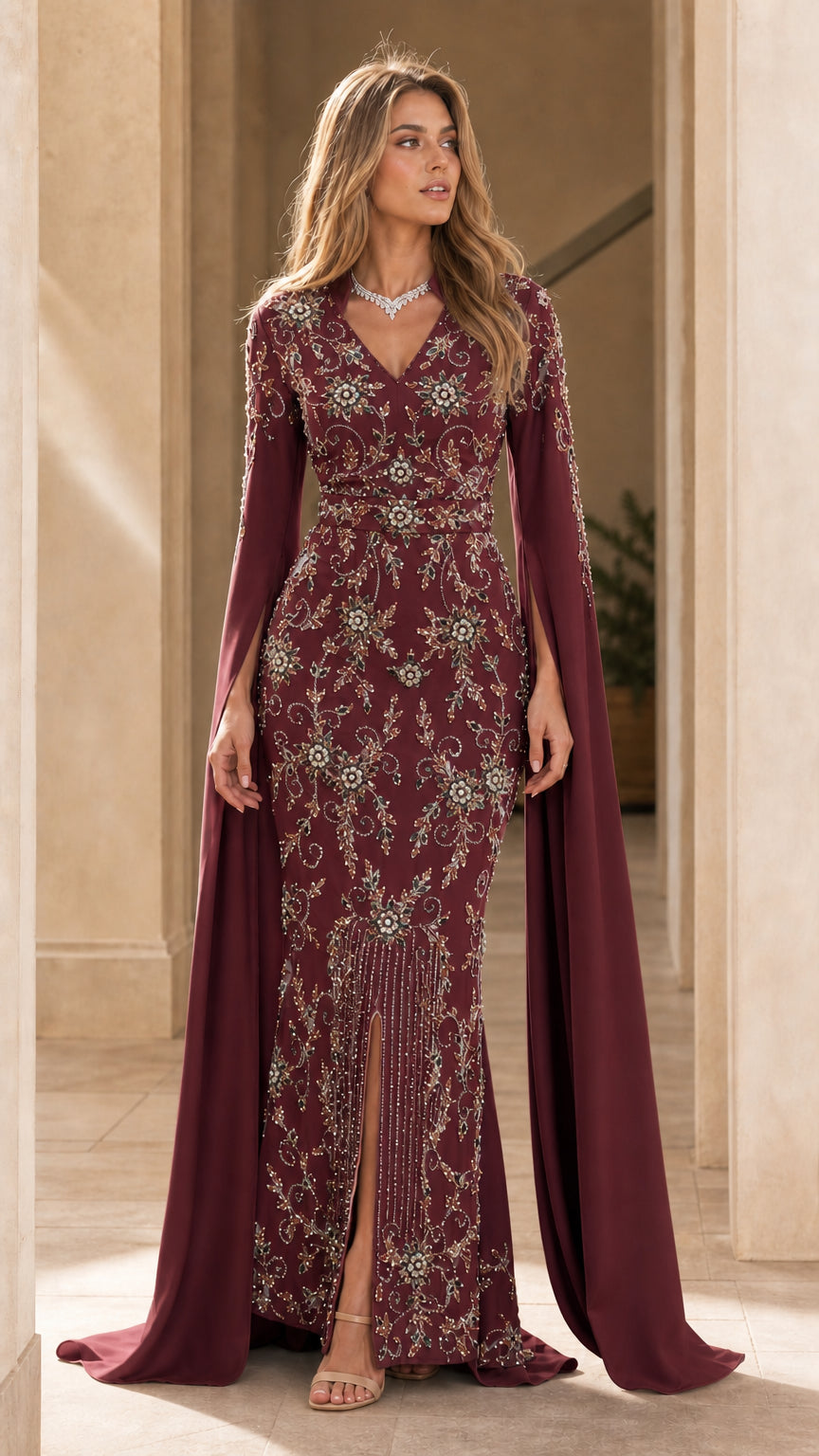 Burgundy wine formal gown with crystal embellishments and cape sleeves