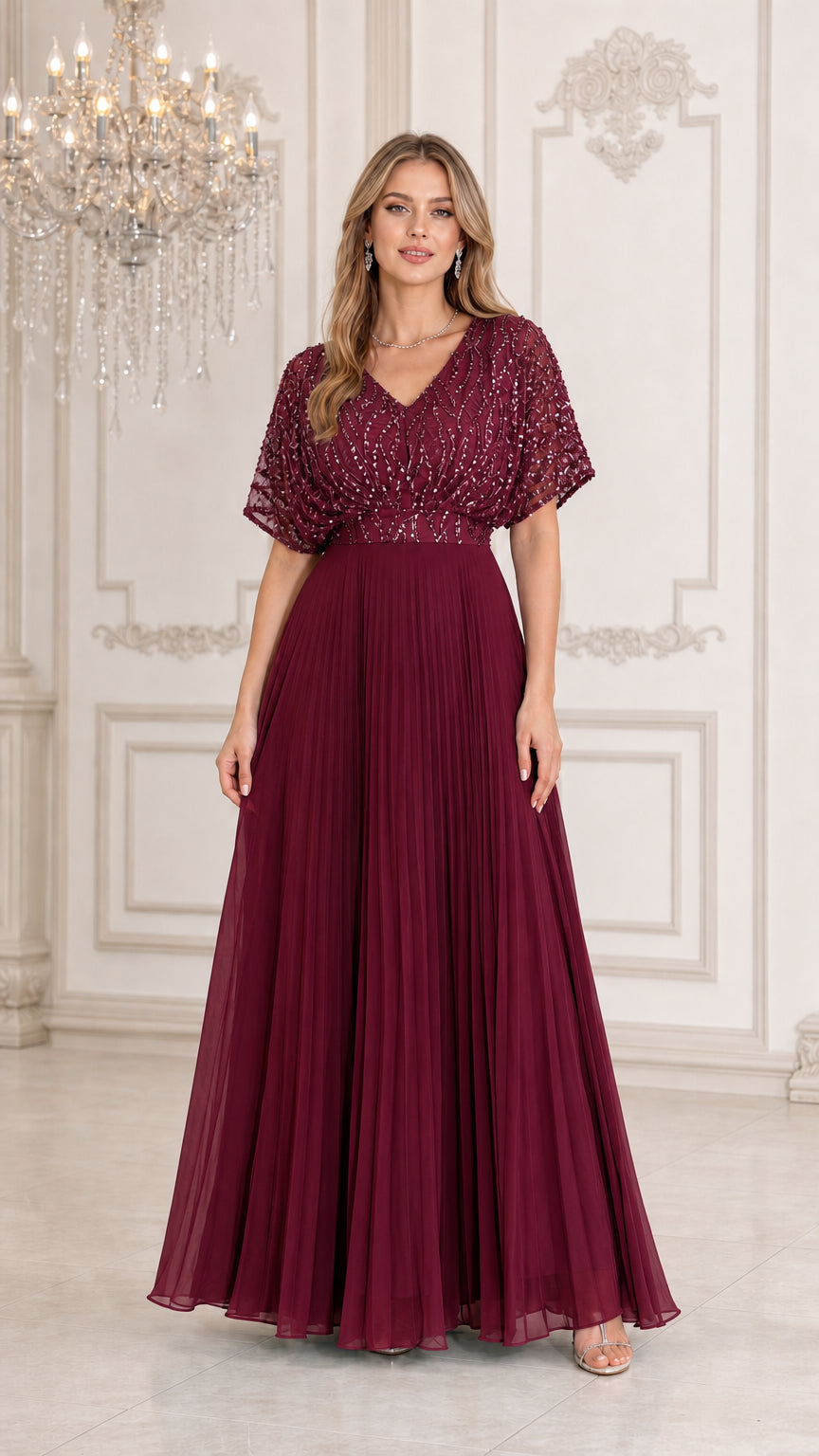 Burgundy wine sequin flutter sleeve pleated floor-length dress