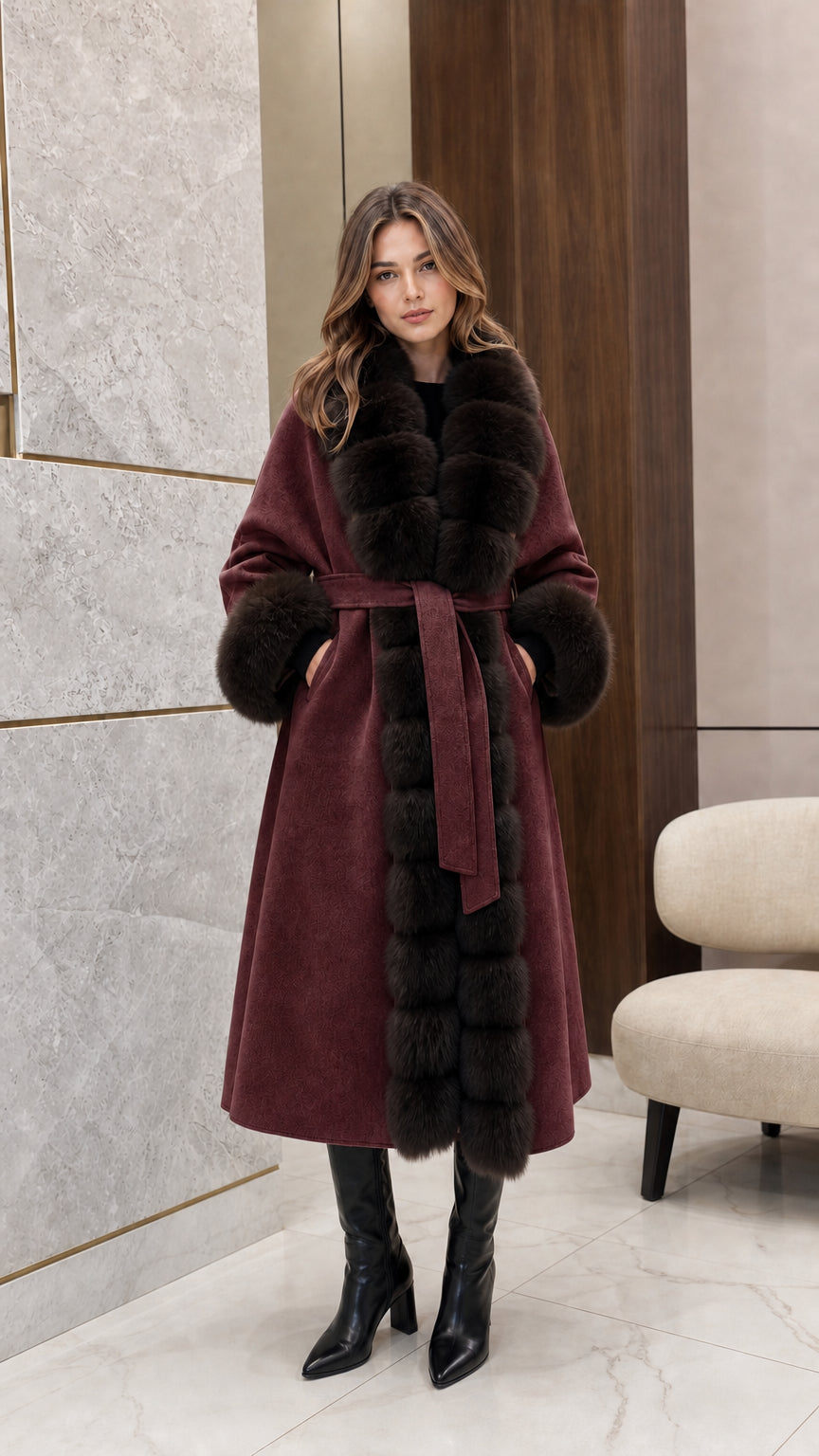 Front view of woman wearing the rich burgundy belted longline coat with dark fur trim