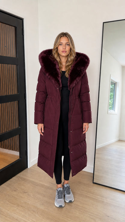 Full length burgundy wine quilted maxi puffer parka with plush trim hood