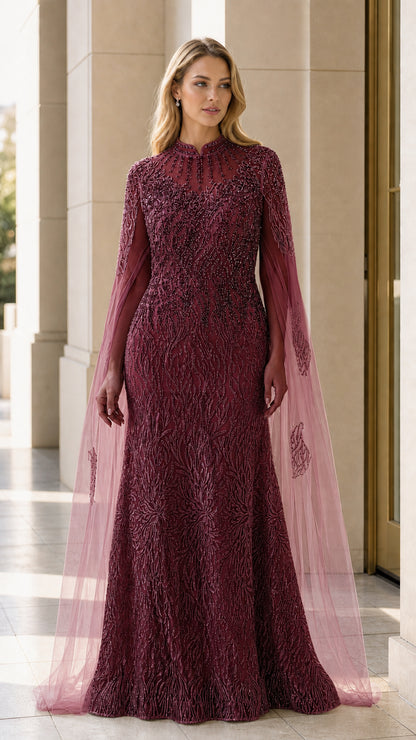 Full length burgundy wine red sequin beaded formal dress with cape