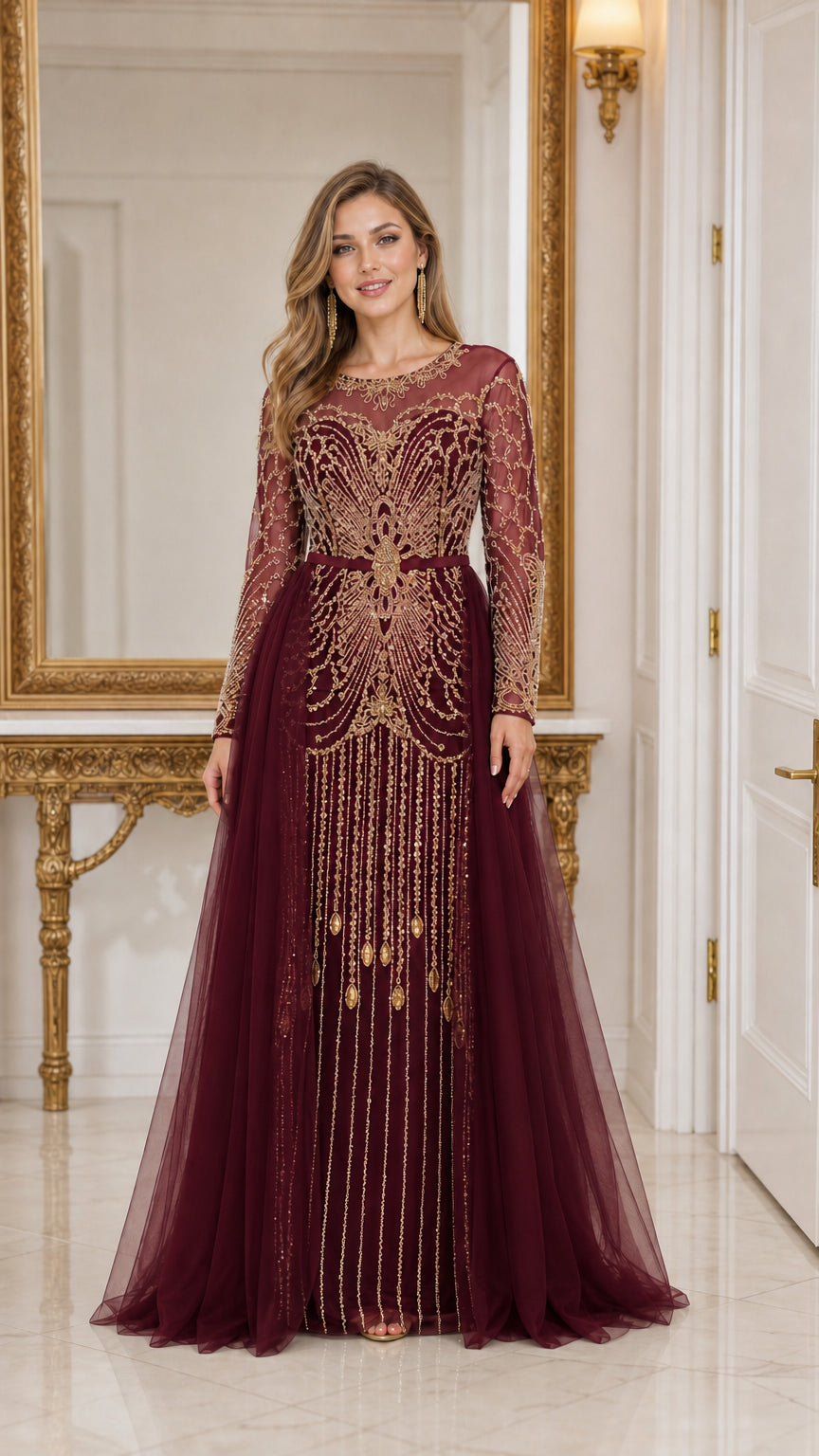 Front view of woman wearing burgundy wine red long sleeve beaded tulle evening gown