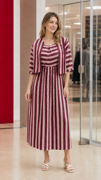 Woman wearing burgundy wine and white striped two-piece dress set