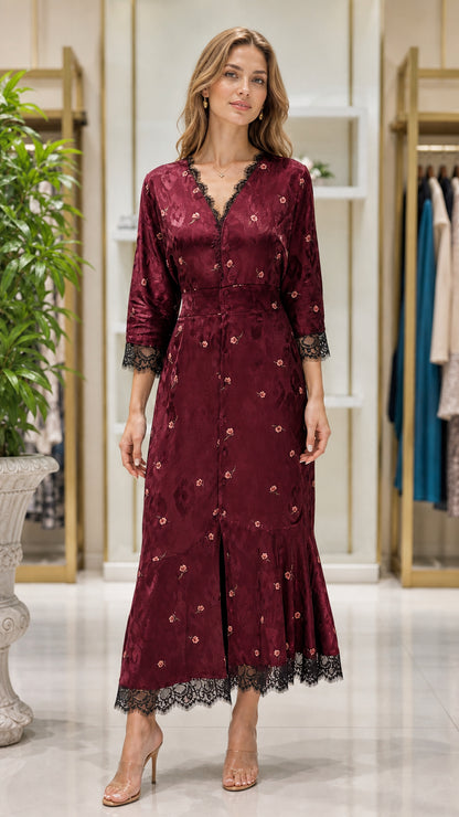 Burgundy wine floral jacquard lace-trimmed midi dress on model