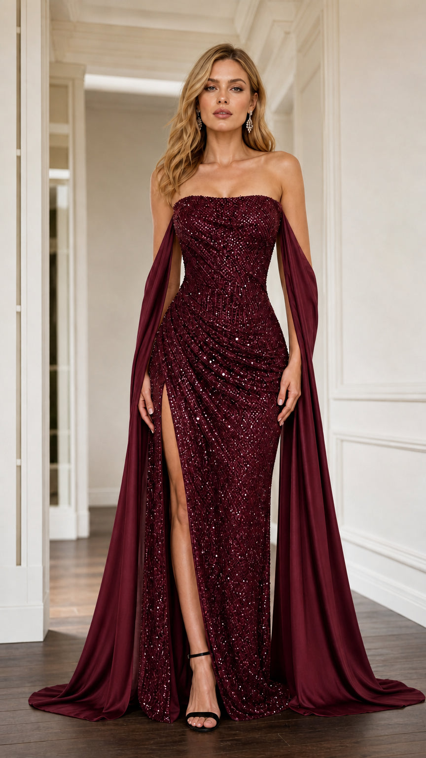 Model wearing burgundy wine red sequin formal dress with sweeping cape details