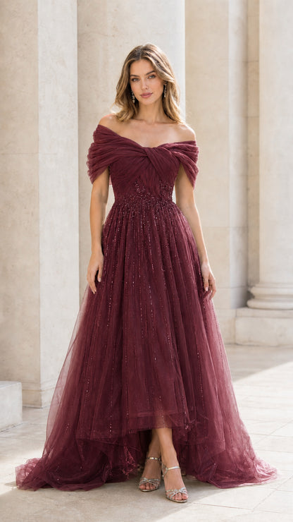 Burgundy wine off-the-shoulder beaded tulle evening dress