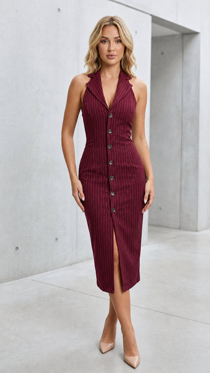 Front view of model wearing burgundy wine pinstripe sleeveless vest midi dress