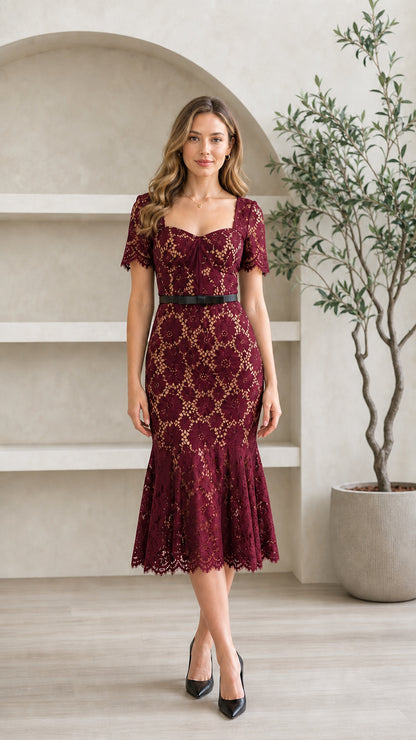 Model wearing burgundy wine red floral lace mermaid midi dress