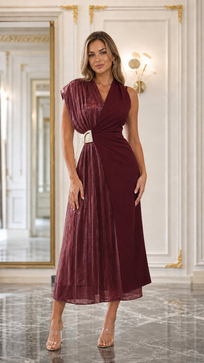 Front view of woman wearing Burgundy Wine Pleated Shimmer Drape Midi Dress