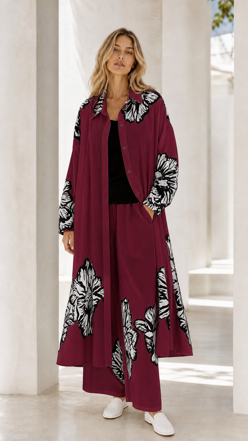 Full front view of burgundy two-piece floral duster and wide-leg trousers set