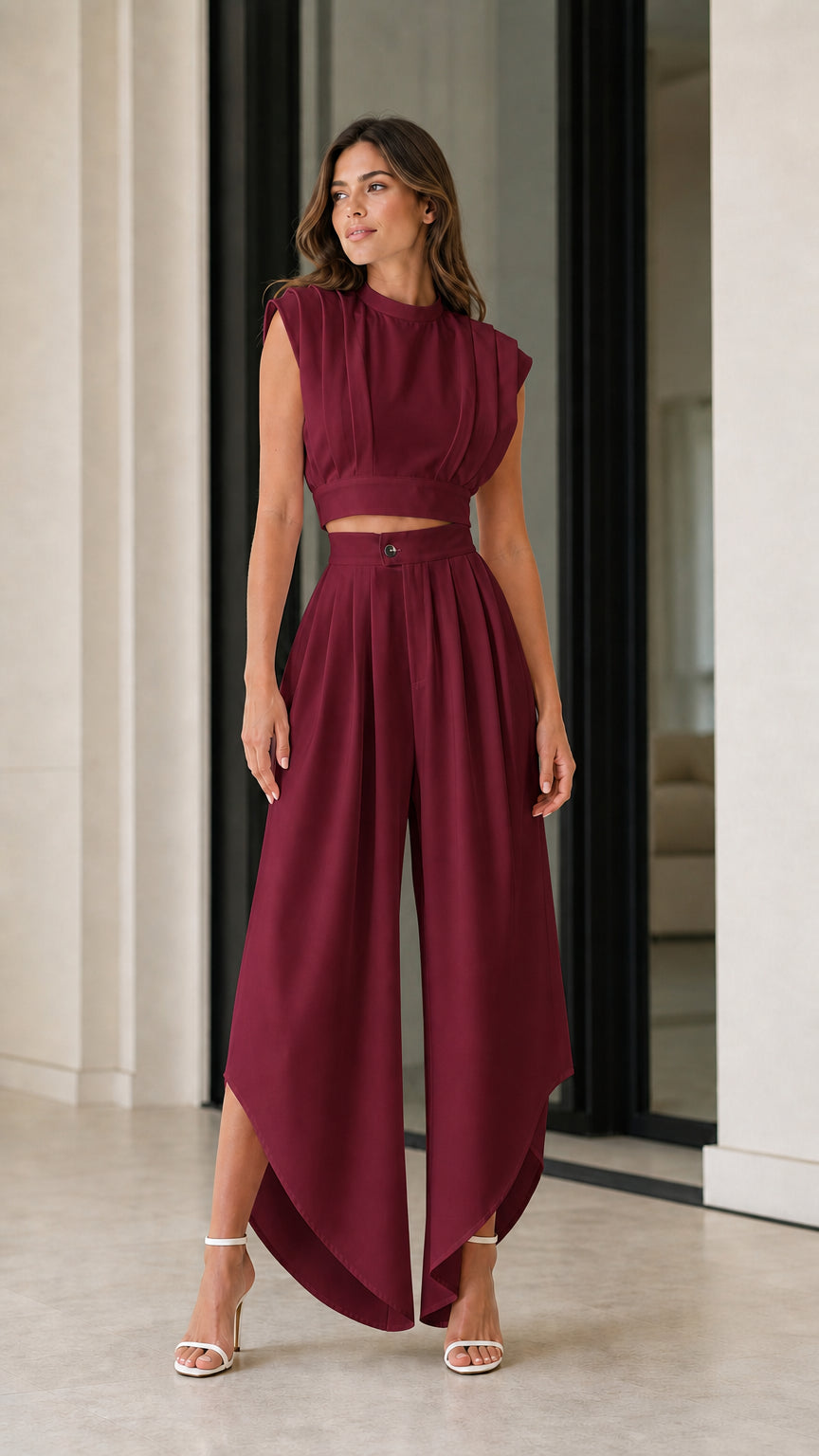 Burgundy wine red pleated crop top and tulip hem wide-leg trousers set