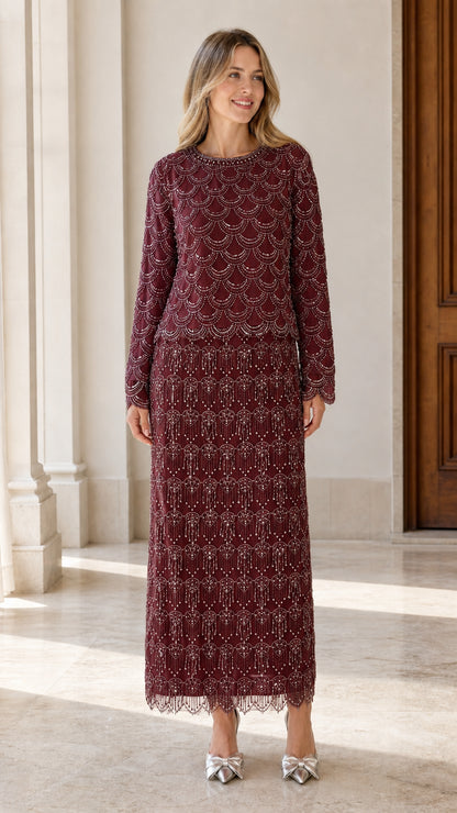 Full length burgundy wine red scalloped beaded long sleeve evening dress