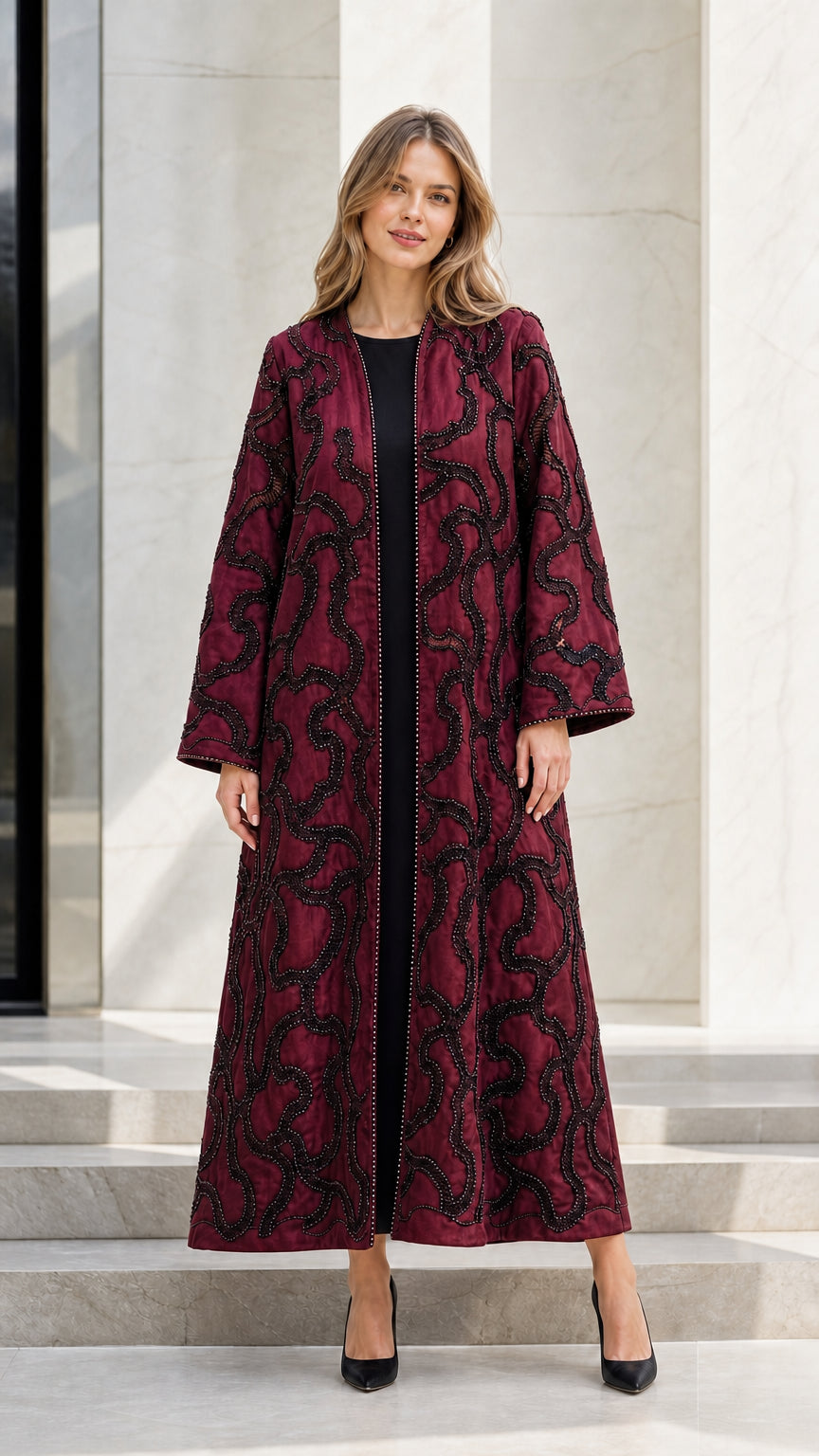 Model wearing Burgundy red embellished open front maxi abaya