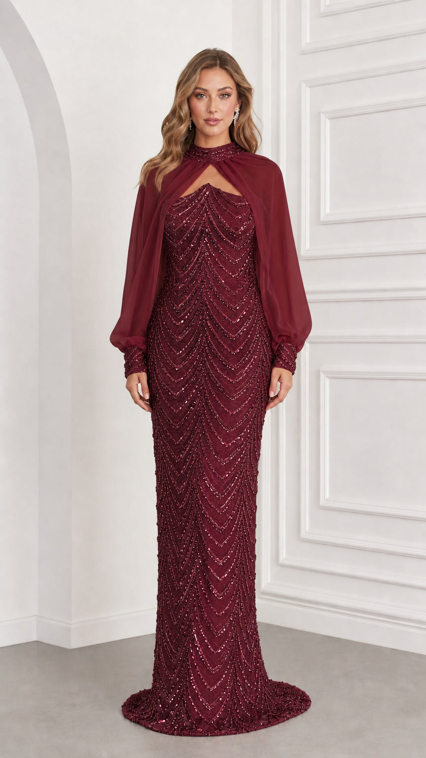Front view of burgundy wine sequined evening gown with matching chiffon cape sleeves