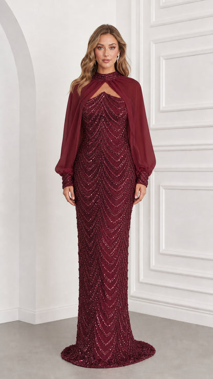 Front view of burgundy wine sequined evening gown with matching chiffon cape sleeves