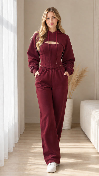 Full-length studio shot of woman wearing Burgundy Wine 3-piece corset loungewear set