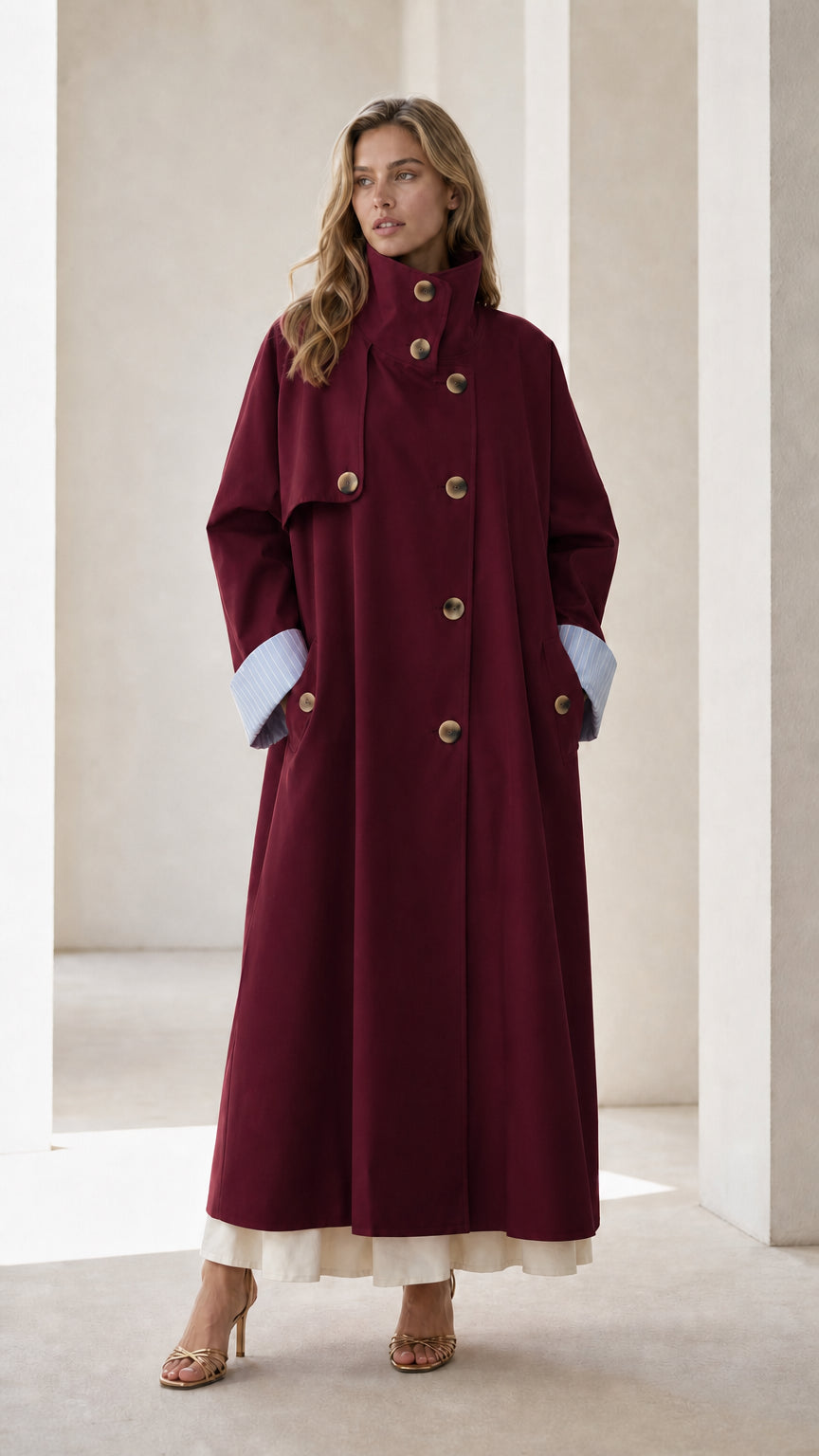 Full-body view of woman wearing a burgundy long trench coat
