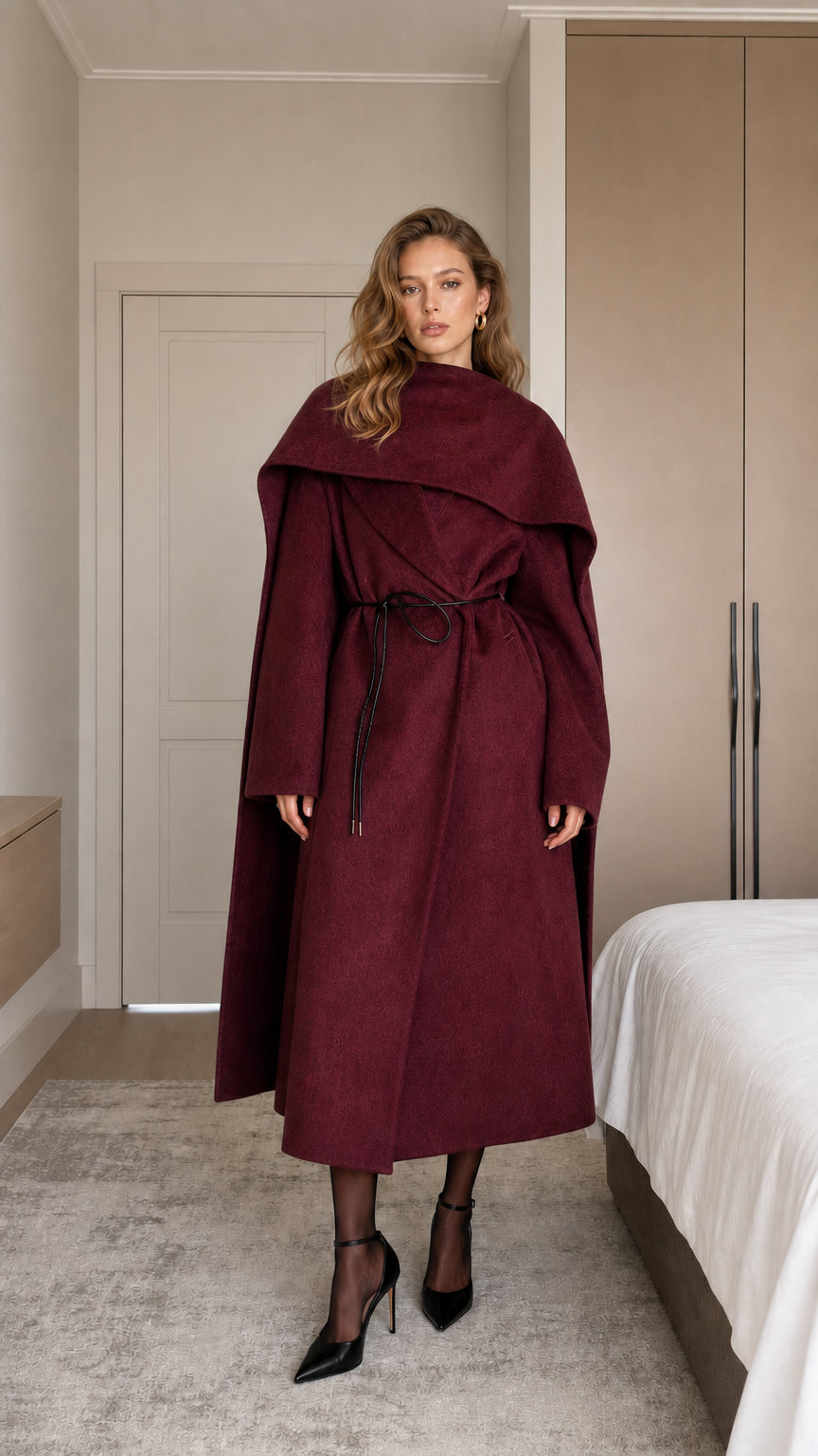 Model wearing burgundy wine draped cape collar maxi coat