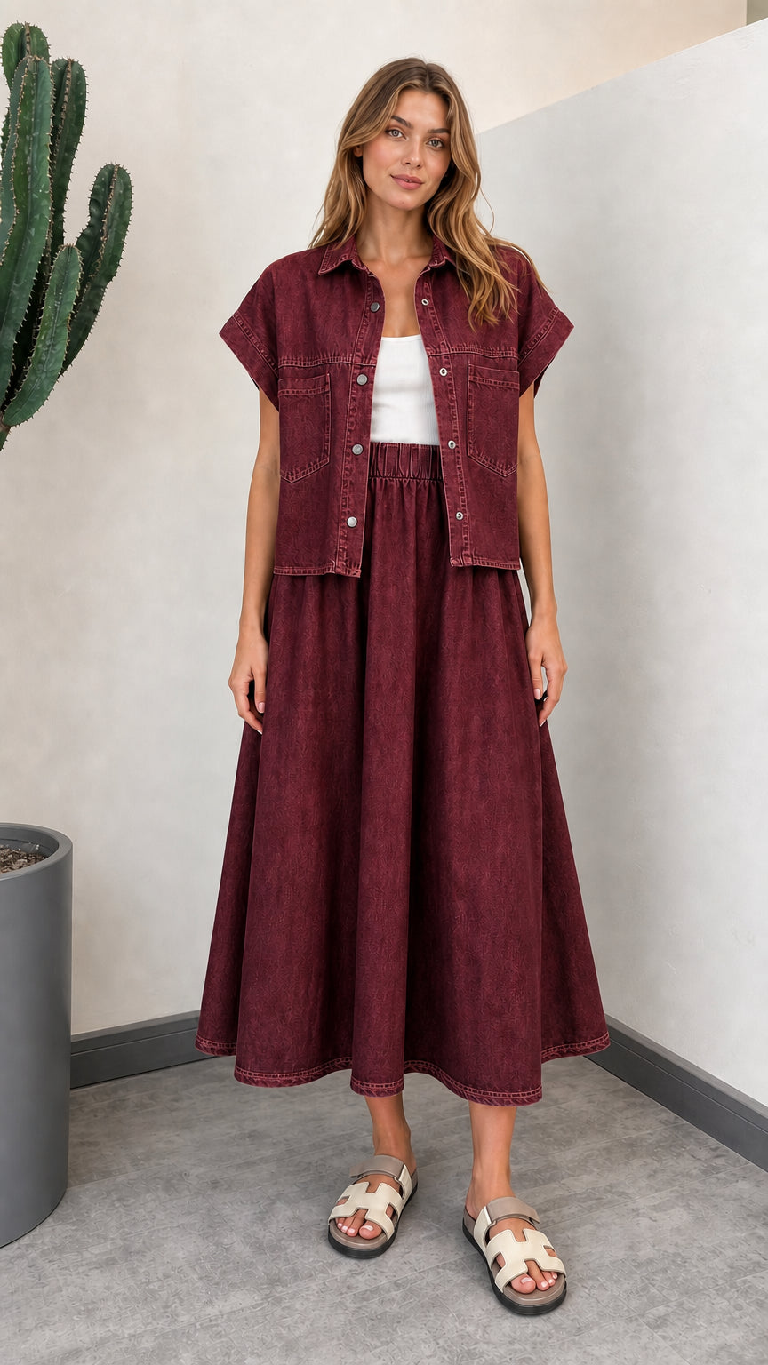 Burgundy wine red button front denim shirt and matching maxi skirt set