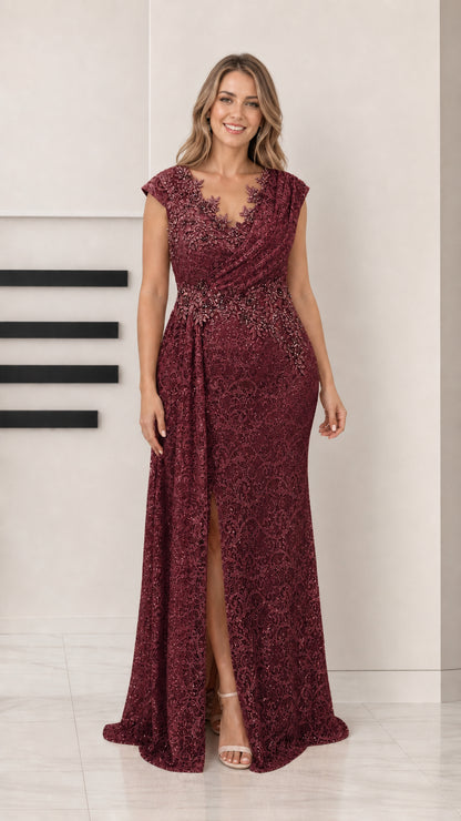 Front view of woman wearing burgundy wine sequin lace formal evening gown