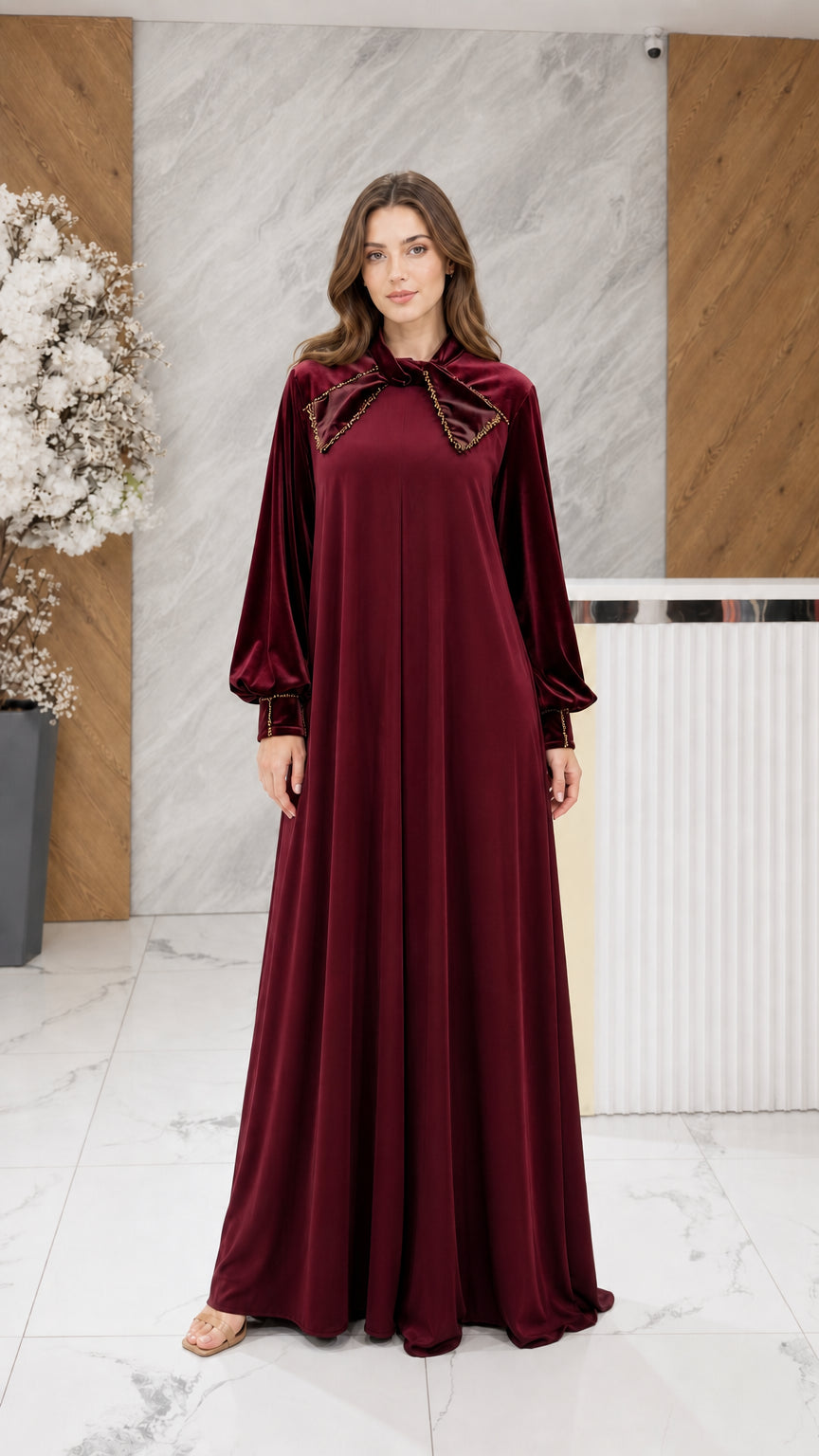 Burgundy wine red velvet embellished maxi abaya dress