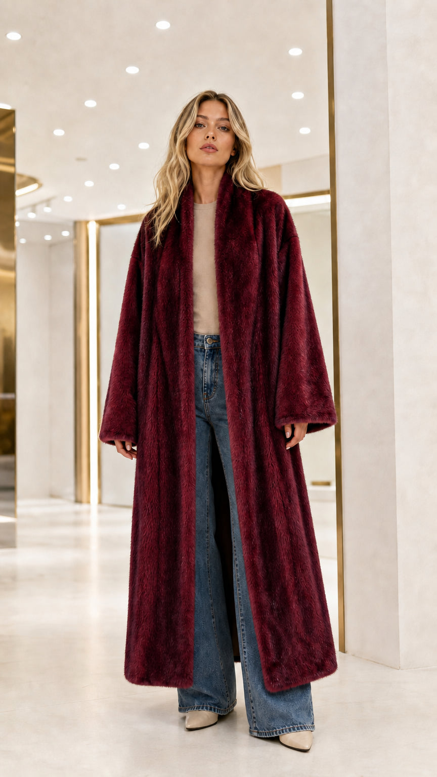 Front view of model wearing the burgundy red long faux fur duster coat