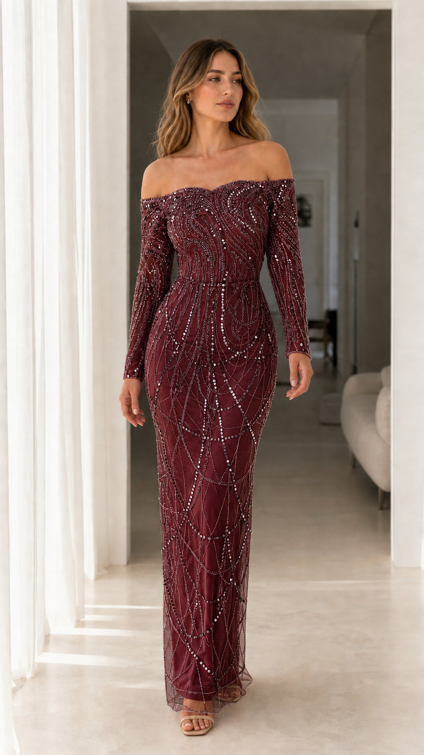 Burgundy wine off-the-shoulder long sleeve sequin formal gown