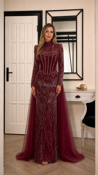 Model wearing burgundy wine high neck sequined evening dress with tulle train