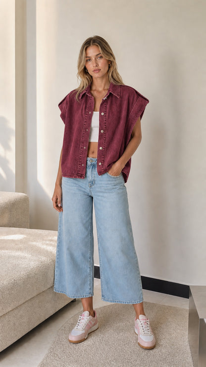 Model wearing Burgundy red sleeveless denim vest over white top with light wash jeans