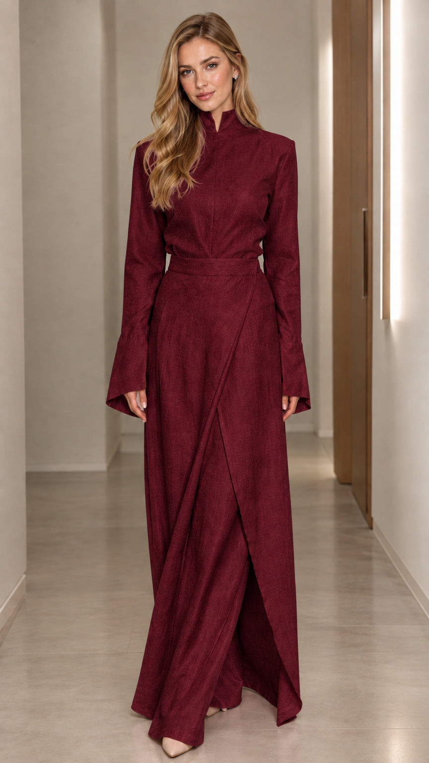 Front full view of woman wearing Burgundy long sleeve mandarin collar wrap maxi dress