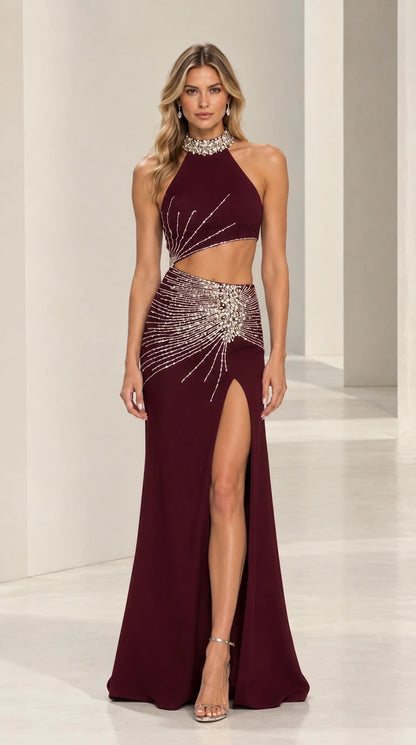 Burgundy wine cutout halter evening gown with crystal rhinestone beading