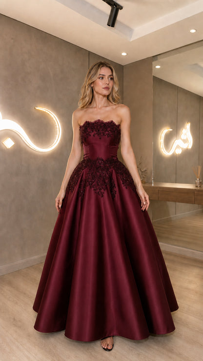 Burgundy wine red strapless satin ball gown front view