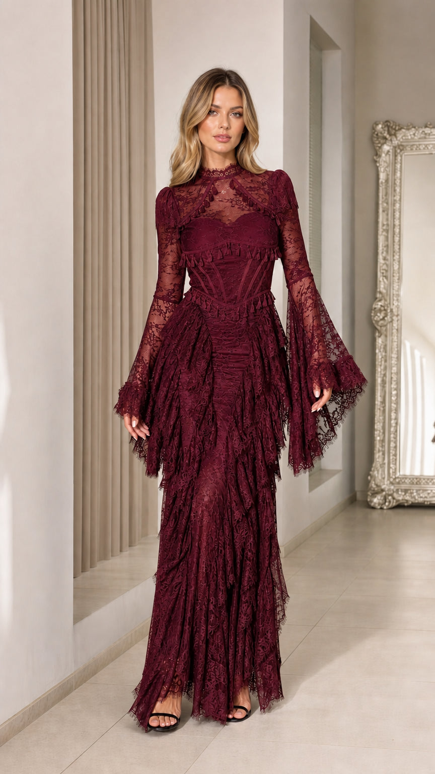 Full-length view of burgundy red lace corset maxi dress with bell sleeves