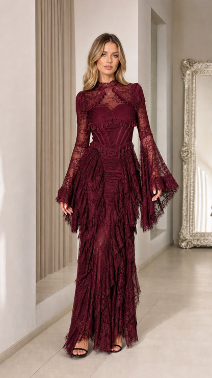 Full-length view of burgundy red lace corset maxi dress with bell sleeves
