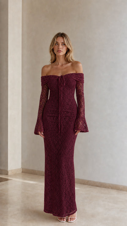 Woman wearing burgundy wine red off-the-shoulder lace maxi dress