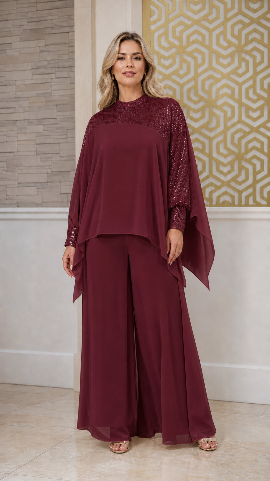 Full front view of burgundy wine sequin cape overlay formal pant set