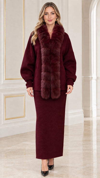 Burgundy wine faux fur trimmed cardigan and maxi column skirt set