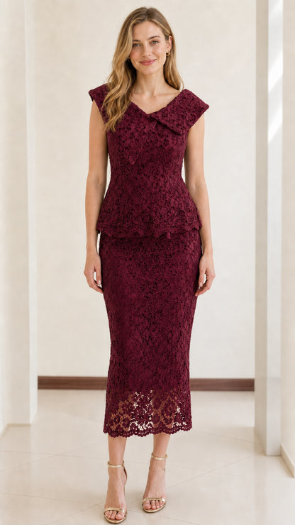 Front view of woman wearing burgundy wine red lace peplum midi dress