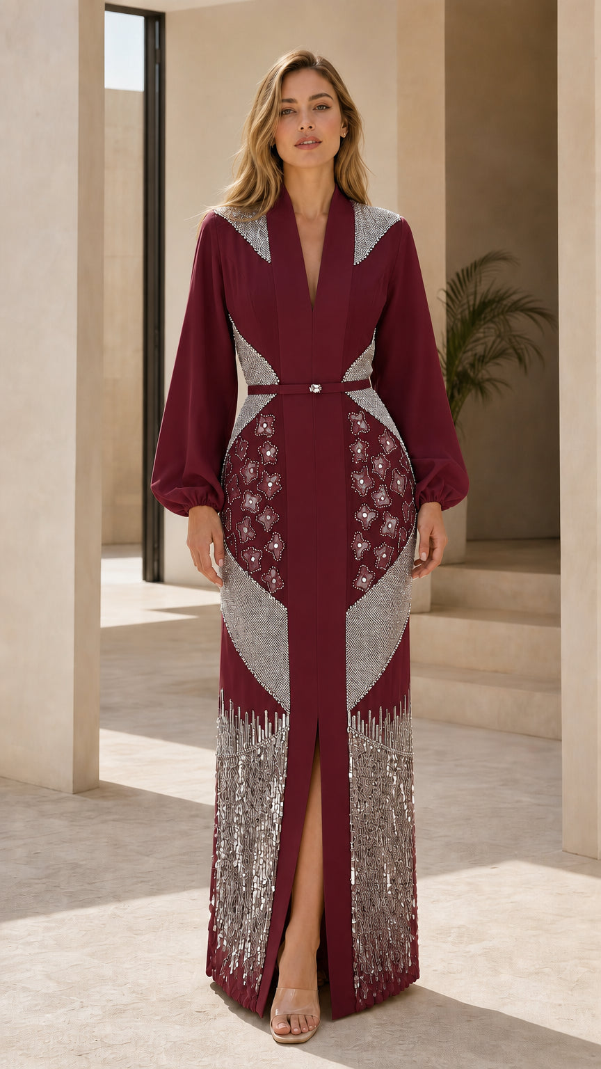 Burgundy wine beaded long-sleeve evening dress with front slit
