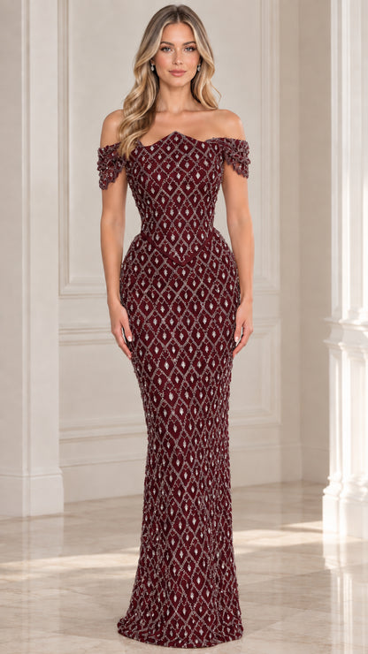 Front view of burgundy wine beaded off-the-shoulder evening dress