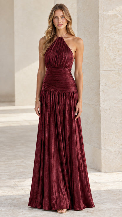 Model wearing burgundy wine red pleated drop waist maxi dress