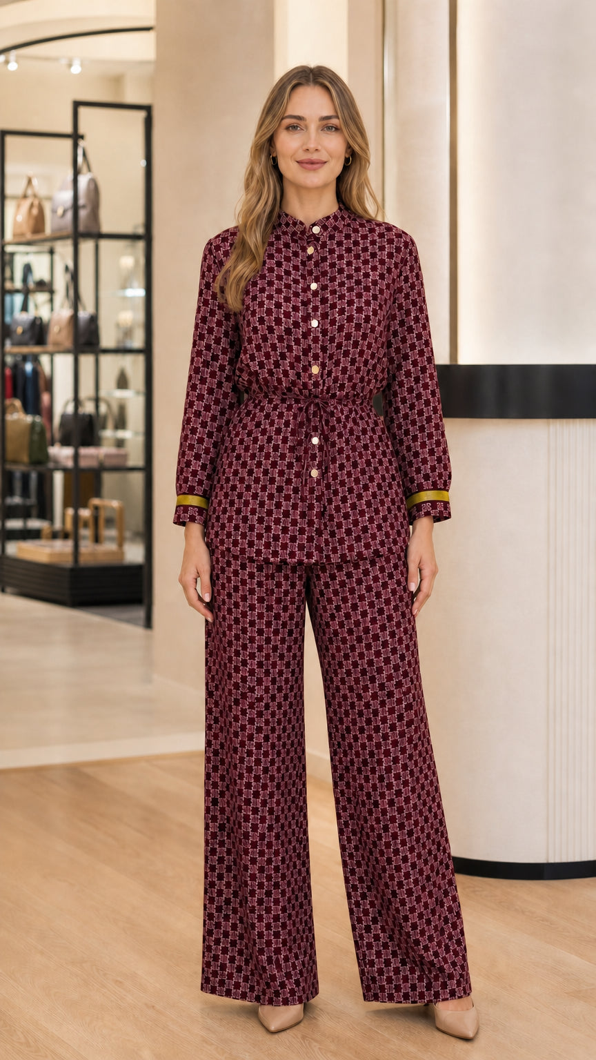 Model wearing Burgundy red geometric print two-piece wide leg set