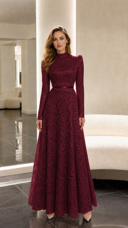 Burgundy wine red high neck long sleeve lace gown