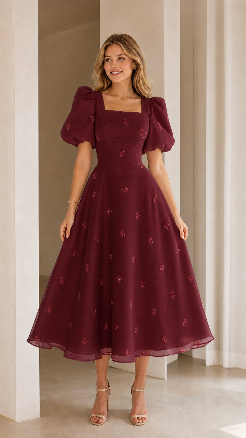 Burgundy wine red square neck puff sleeve embroidered A-line midi dress